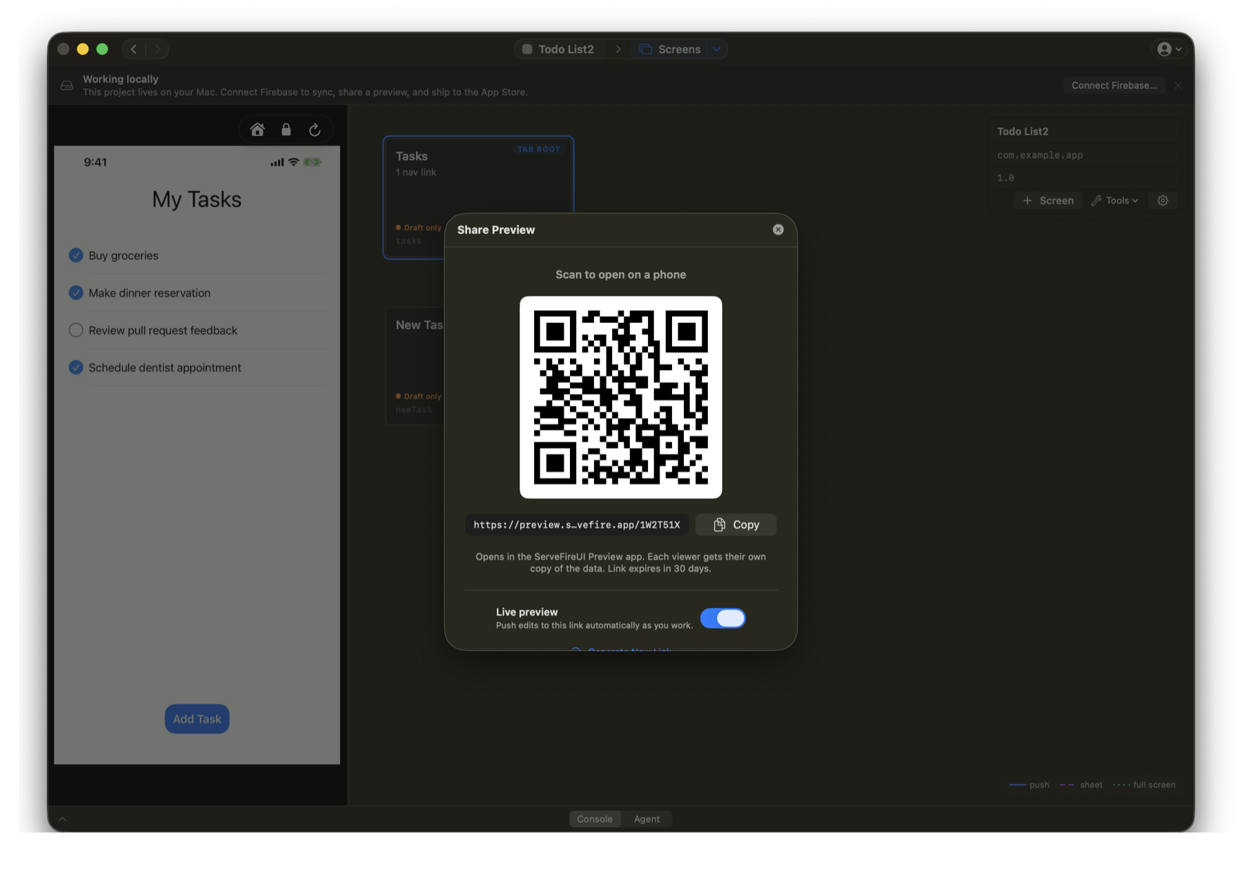 Studio's Share Preview sheet displaying a QR code and a preview.servefire.app link, with a live preview toggle